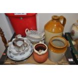 A box of ceramics, to include stoneware flagons and a silver lustre mug