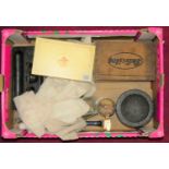 A box of miscellaneous items, to include a marble mortar, lace placemats, Victorian desk stand,