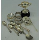 A collection of various silver and plated wares to include a pair of Georgian silver sugar nips, a