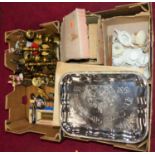 Two boxes of ceramics and metalware, to include Victorian brass candlesticks