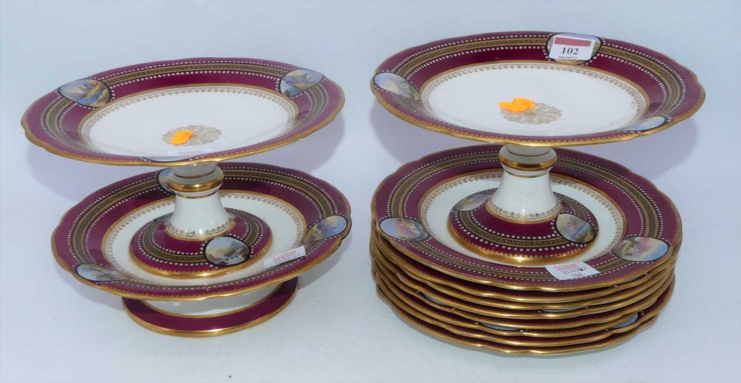 A Victorian part dessert service, each piece on a white ground with puce and Greek Key border,