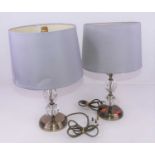 A pair of modern table lamps having facet cut stems with blue shades, height 43cm