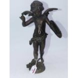 An early 20th century spelter figure of cupid in typical standing pose with shield upon his arm,