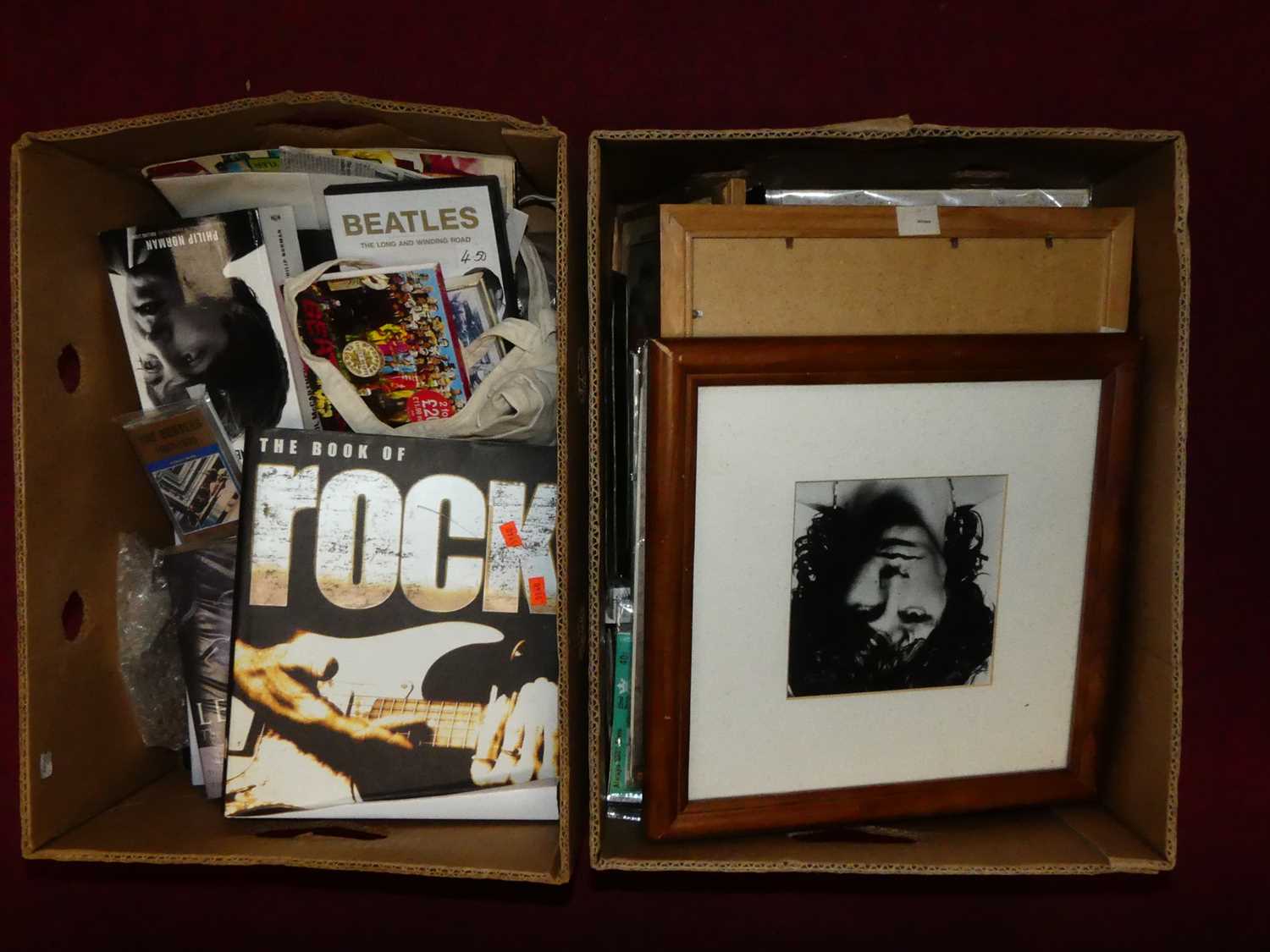 Two boxes of books, CDs and ephemera, mainly relating to the Beatles