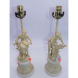 A pair of spelter and later cream painted figural table lamps, h.48cm (including fittings)