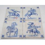 A set of five 19th century blue and white ceramic tiles, each underglaze decorated with a figure