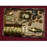 A box of miscellaneous brassware, to include large horse-drawn caravan, hand bells, novelty