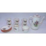 An Art Deco Grimwade Atlas China six-place coffee service, hand-painted with flowers, having printed
