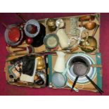 Four boxes of miscellaneous items, to include enamelled dishes, stoneware foot-warmer, pair of