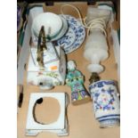 A box of miscellaneous items, to include a reproduction Chinese bowl, alabaster table lamp, 18th