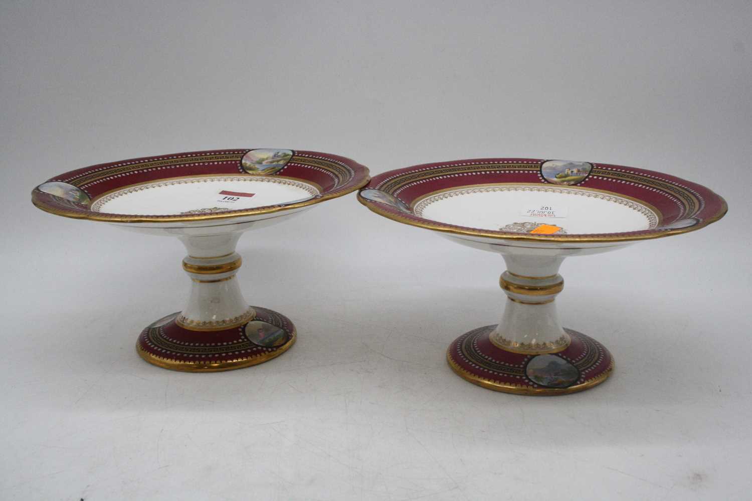 A Victorian part dessert service, each piece on a white ground with puce and Greek Key border, - Image 3 of 9