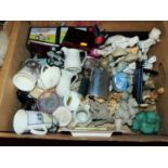 A box of miscellaneous items, to include various animal figures, pocket hip flask, Coalport figurine