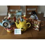 Two boxes of assorted novelty teapots, to include Tony Wood Mad Hatter, Woods Burslem Sherlock