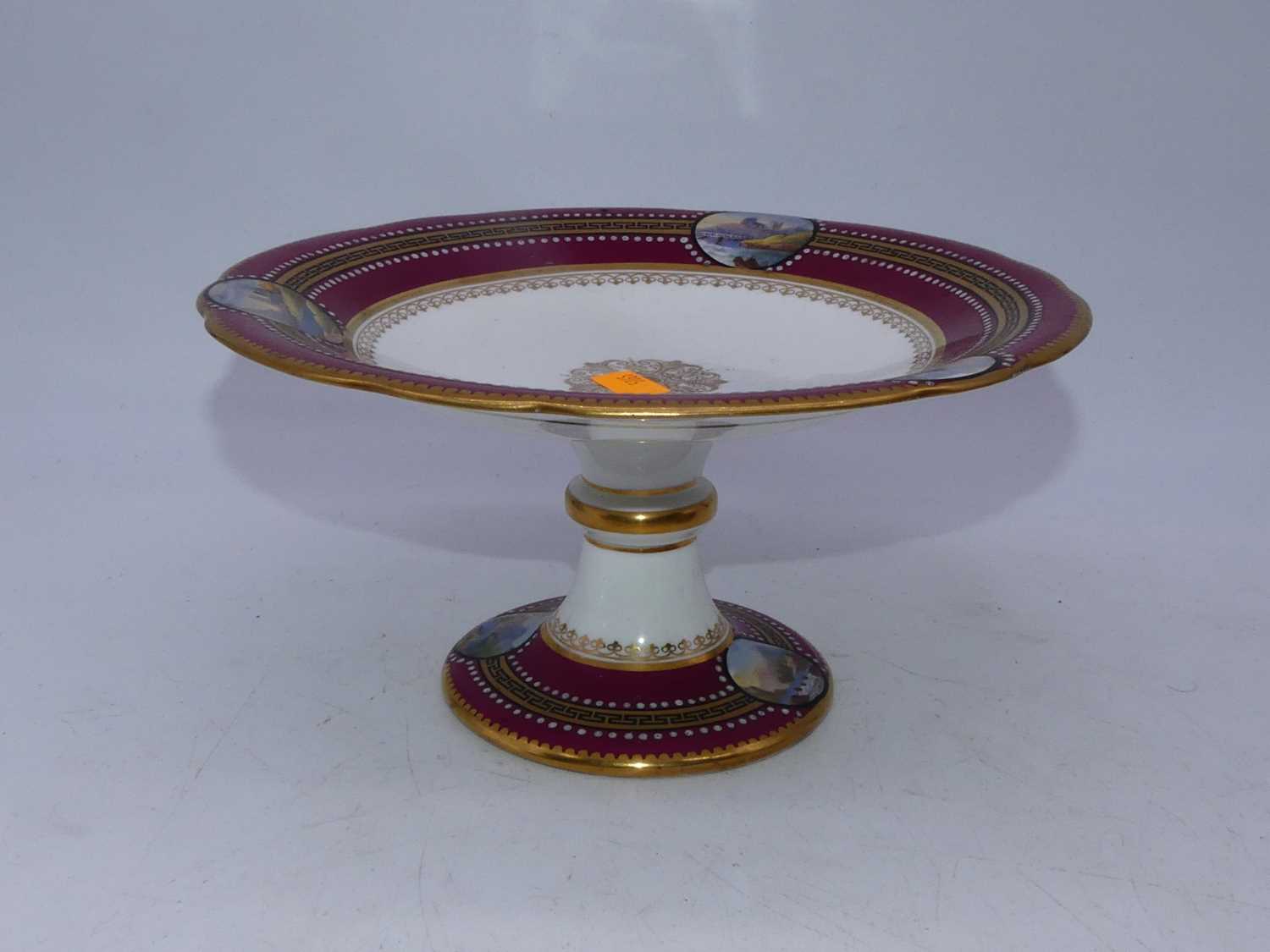A Victorian part dessert service, each piece on a white ground with puce and Greek Key border, - Image 2 of 9