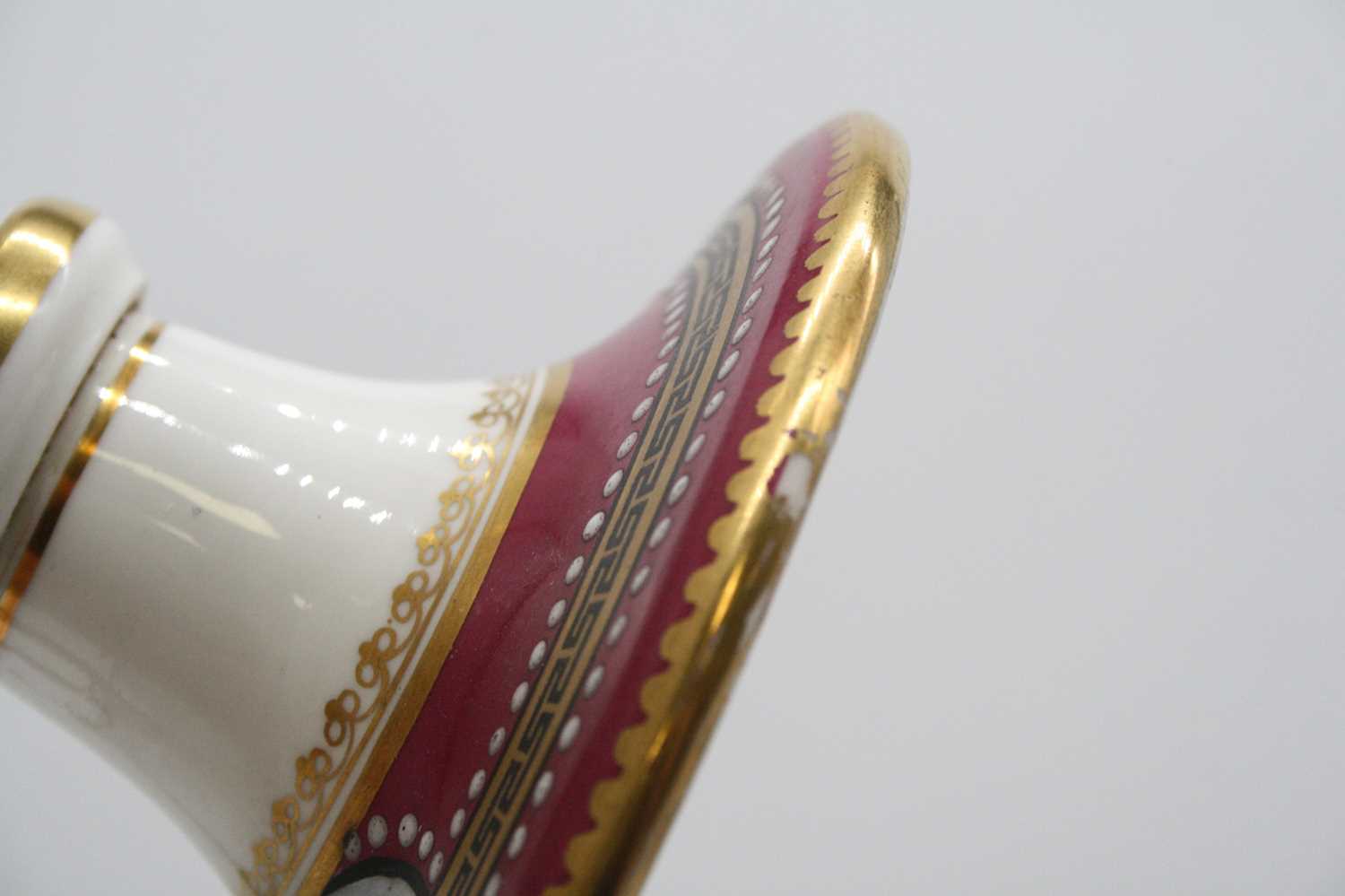 A Victorian part dessert service, each piece on a white ground with puce and Greek Key border, - Image 6 of 9