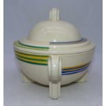 A Clarice Cliff Bizarre Art Deco tureen and cover, of circular form, with blue, green and yellow