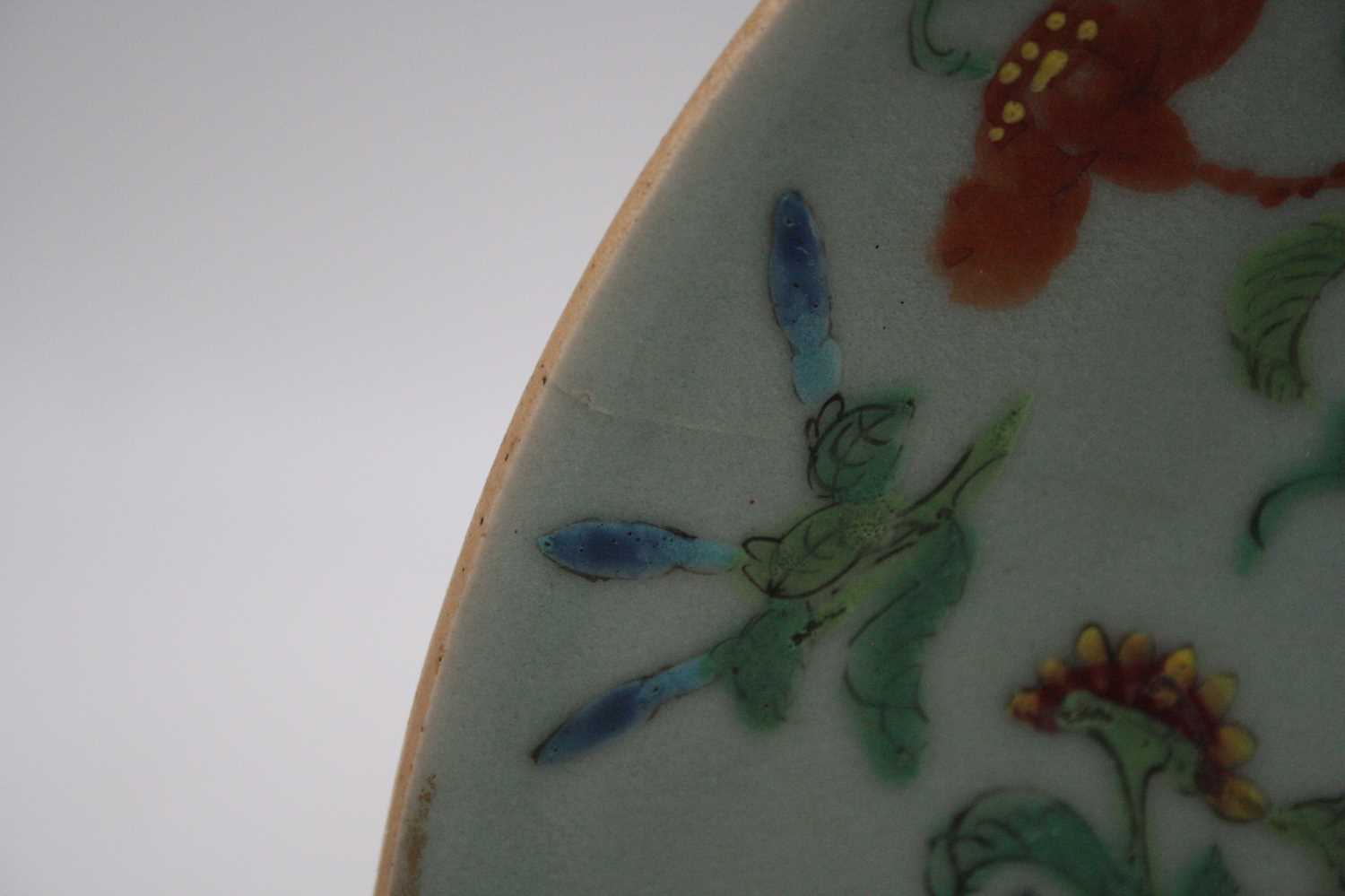 A 19th century Chinese Canton export plate, on a celadon ground, enamel decorated with exotic birds, - Bild 4 aus 6