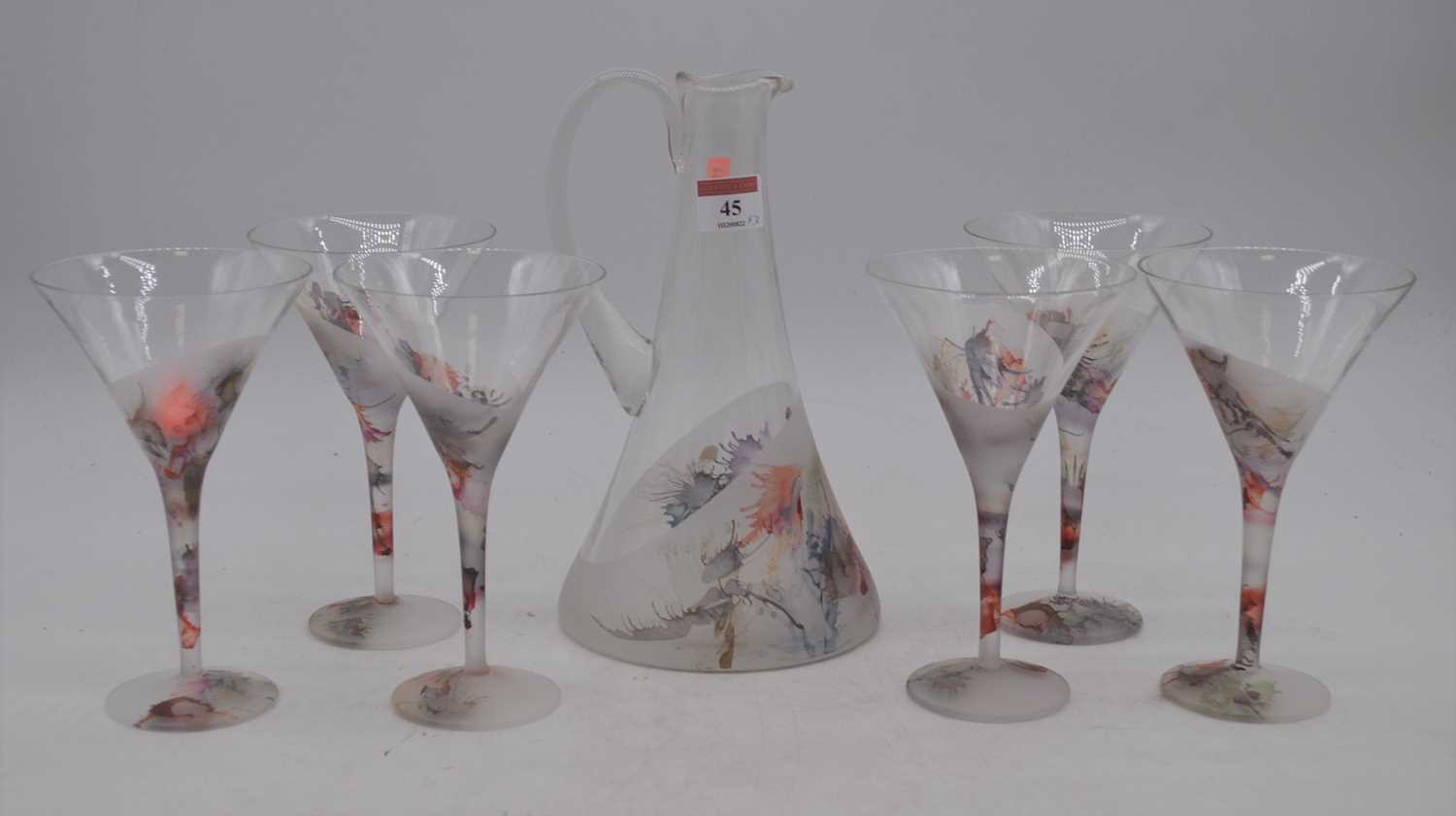 A 20th century part frosted glass seven piece drinks set, largest 25cm high