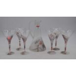 A 20th century part frosted glass seven piece drinks set, largest 25cm high