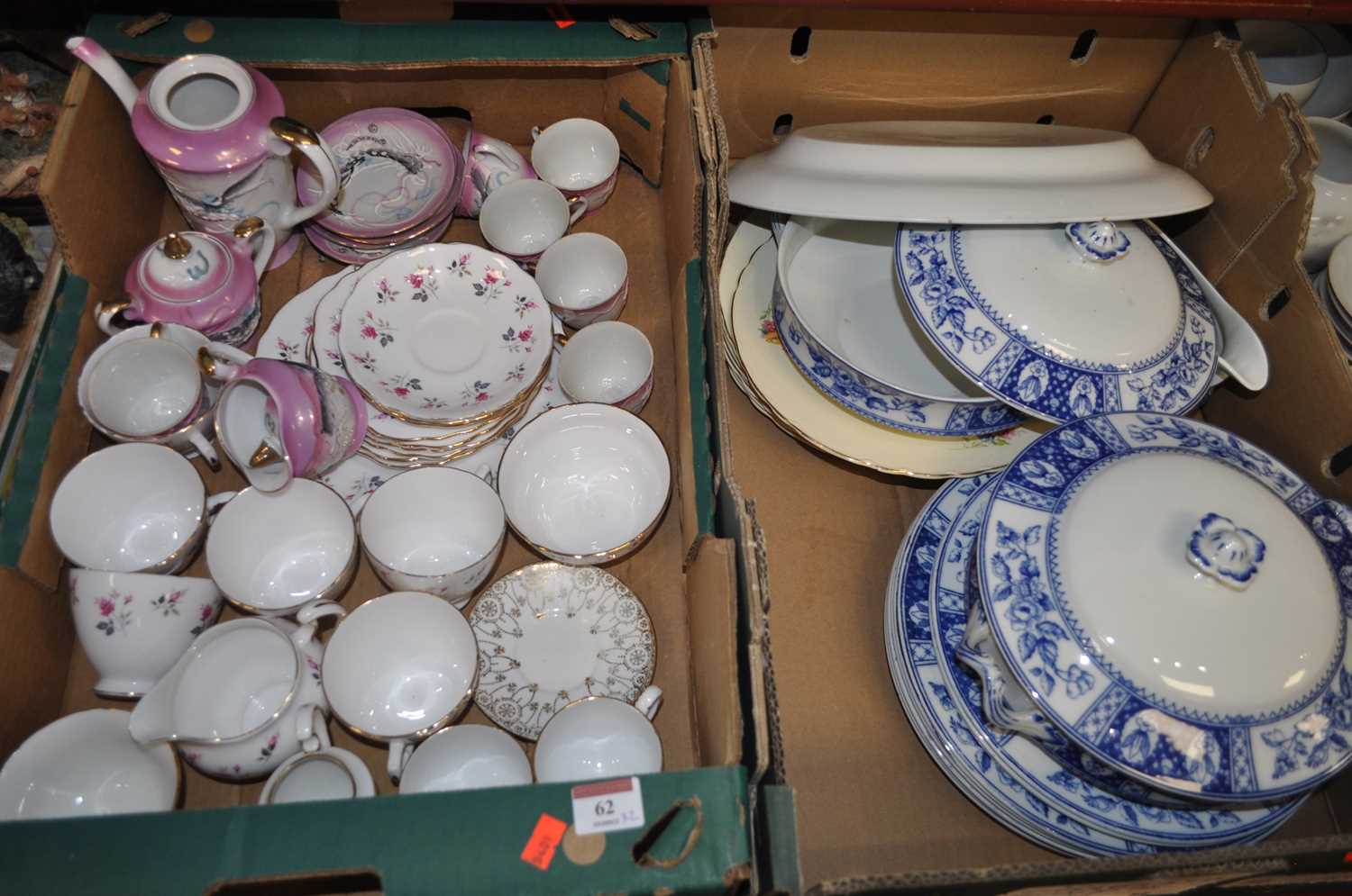 Two boxes containing various ceramics to include a Royal Osborn porcelain part tea service