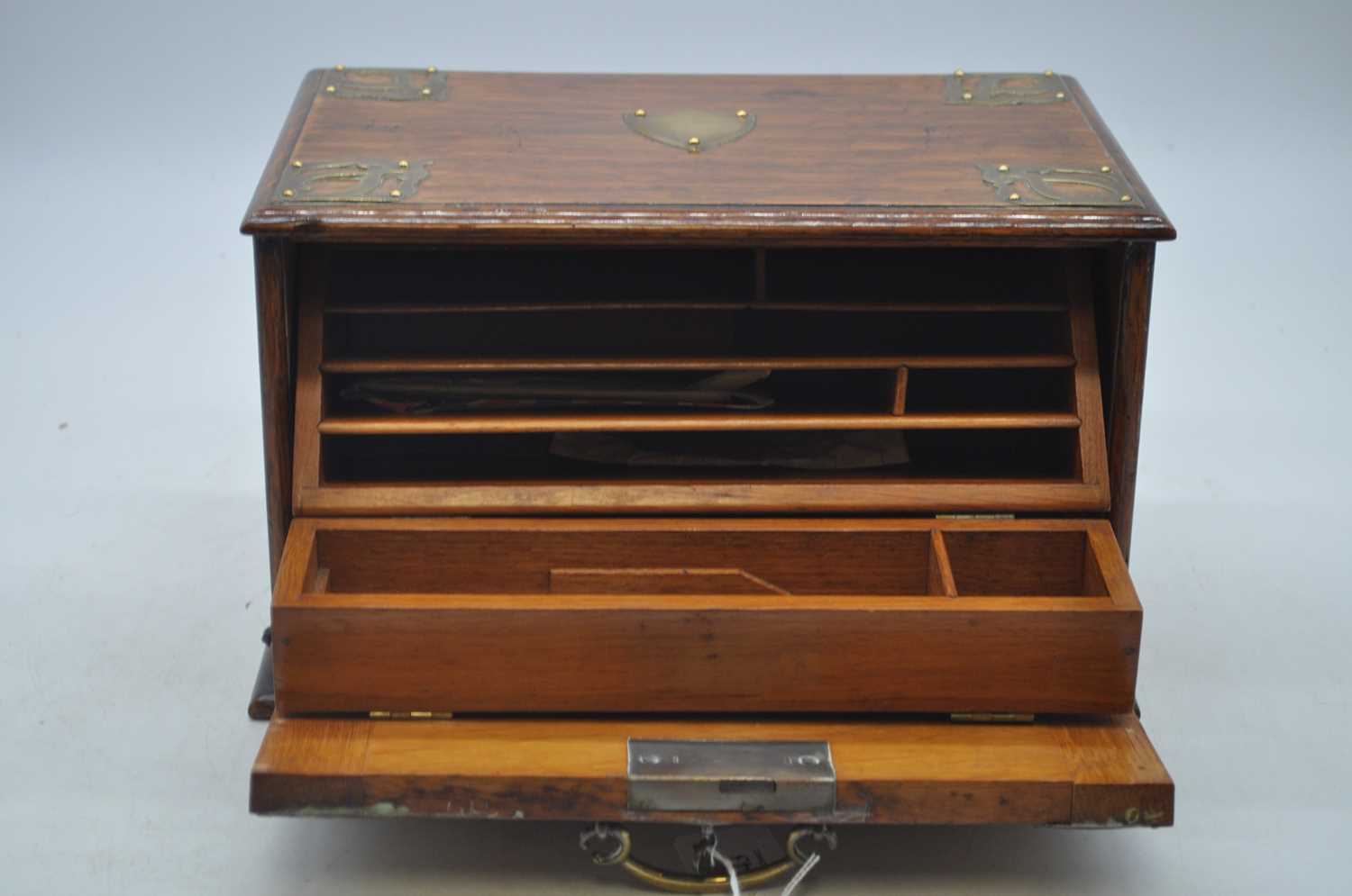 An early 20th century brass mounted oak stationery cabinet, the fall lifting to reveal an - Bild 2 aus 3