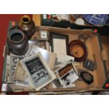A box of miscellaneous items to include cloisonne enamel vases, vintage photographs, vintage