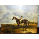 G Henry - Study of a prize racehorse with jockey up in a landscape, oil on panel, signed lower