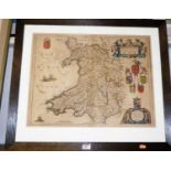 After Johann Blaeu - Wallia (Wales), engraved map with hand-coloured coats of arms, 38 x 50cm