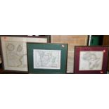 Assorted late 19th century and later world map prints (6); together with a circa 1900 woolwork