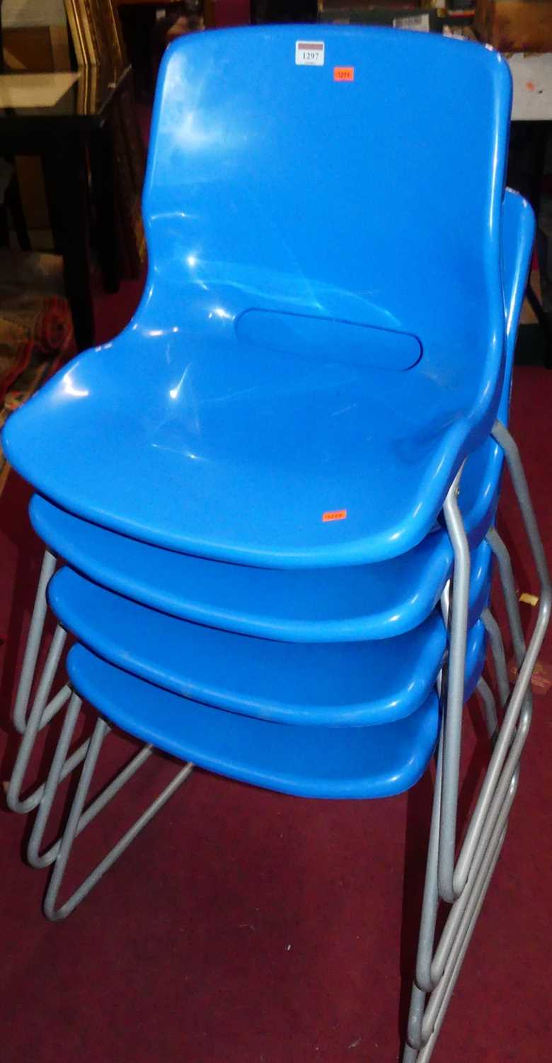 A set of four Ikea plastic and anodised rod metal Snille stacking chairs