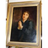 19th century English school - Half-length portrait of a young girl praying, oil on canvas (re-