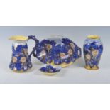 A collection of Art Deco Grimwades Royal Winton Chrysanthemum pattern blue lustreware, to include; a