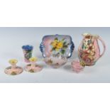 A collection of Art Deco Grimwades Royal Winton pink lustreware, to include; a Crazy Paving