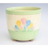 A 1930s Clarice Cliff Crocus pattern pottery jardiniere, of cylindrical slightly tapering form