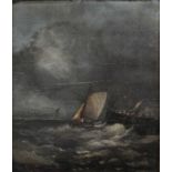 19th century school - Sailing boats off the coastline with stormclouds over, oil on panel, 29 x