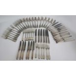 A harlequin suite of silver cutlery in the Fiddle & Thread pattern, comprising twelve dessert forks,