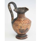 A terracotta pottery ewer, of typical form, the frieze decorated in the black figure style,