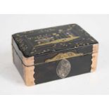 A 19th century tortoiseshell and two-colour gold pique worked table snuff box, the hinged cover