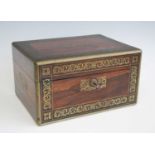 An early Victorian rosewood and brass inlaid unfitted box, being further brass bound and with