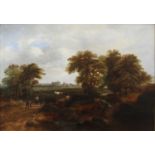 Early 19th century East Anglian school - Landscape scene with figures, cattle and village beyond,