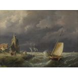 Pieter Cornelius Dommersen (Dutch 1833-1918) - Dutch barges under storm clouds off the coastline,