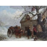 Thomas Smythe (1825-1906) - Winter landscape with travellers before a thatched cottage, oil on