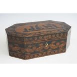 An early 19th century penwork needlework box, the hinged cover decorated with figures and
