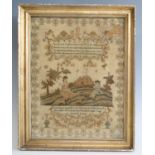 A George IV needlework, verse and picture sampler, by Elizabeth Newton and dated 1822, finely worked