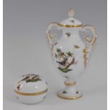 An Herend porcelain Rothschild Bird pattern twin handled vase and cover, 26cm high, together with