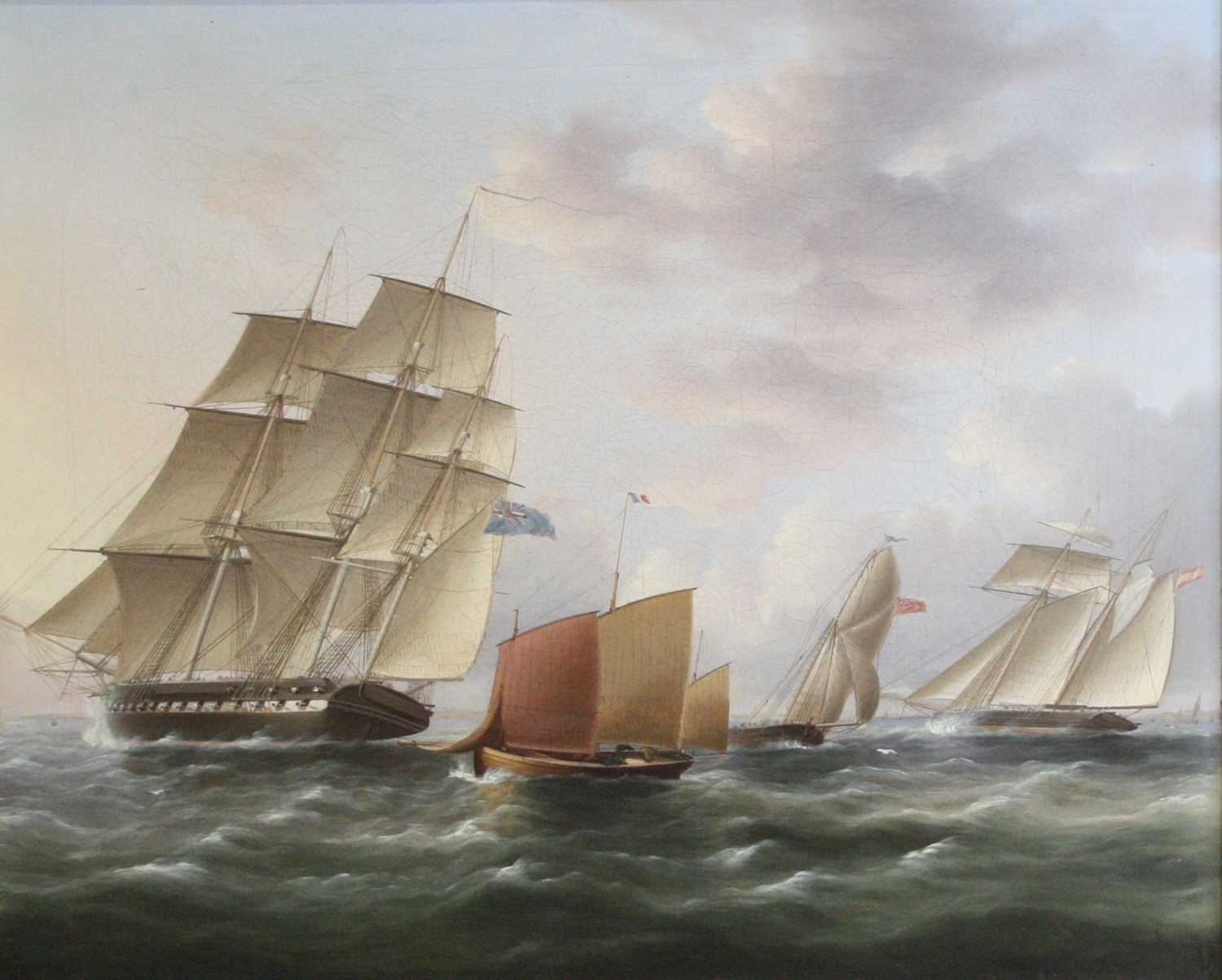 19th century English school - Naval frigate and sailing vessels leaving harbour, oil on canvas (re-