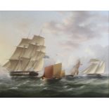 19th century English school - Naval frigate and sailing vessels leaving harbour, oil on canvas (re-