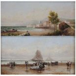 R W Braithwaite - Fisherfolk awaiting the catch and a companion painting, oil on artist board,