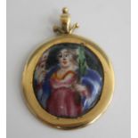 A 19th century continental porcelain and polychrome enamel portrait pendant, being of convex form,