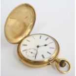 A late Victorian gent's 18ct gold cased full hunter pocket watch, having a plain case, the